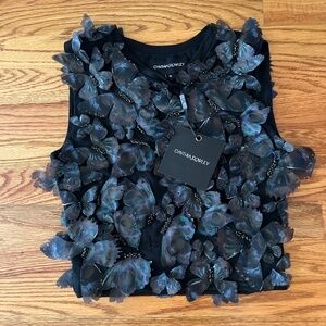 Cynthia Rowley Black Butterflies Appliqué Mesh Top Sz Small NWT